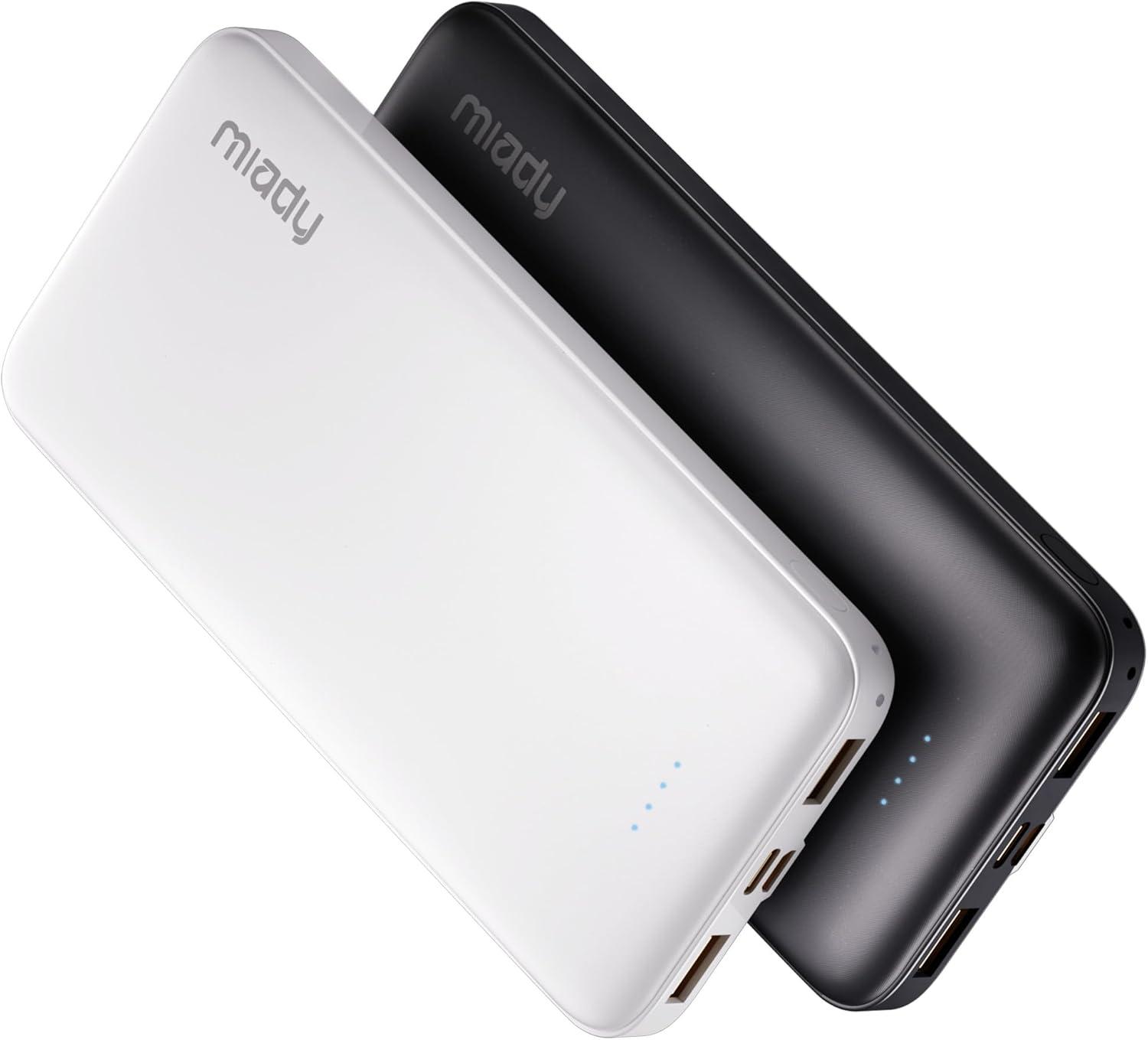 Miady 2-pack 10000mAh power banks – affordable battery packs on planes with USB-C input and dual USB output.