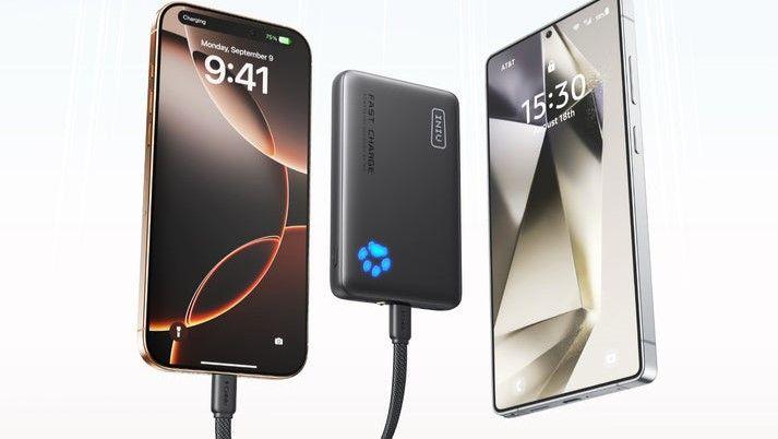 INIU Portable Charger powering two smartphones simultaneously, featuring fast charge technology and compact design with LED indicator lights.