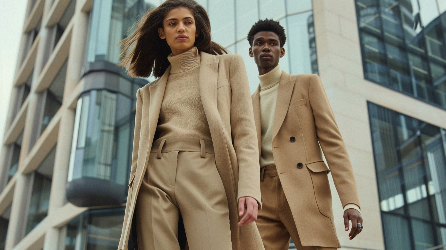 Models wearing versatile 2025 outfits styled for both work and weekend, including neutral-toned clothing, smart layering, and accessories, captured in a modern lifestyle setting