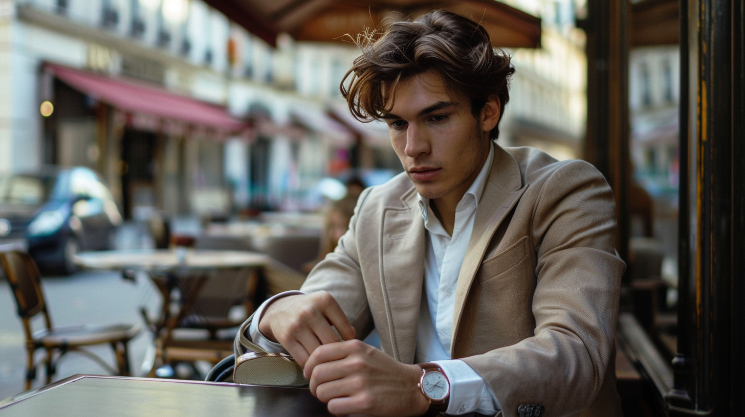 Person sitting at a café in 2025 wearing a tailored coat and trousers, subtly showcasing a classic wristwatch styled with a modern outfit