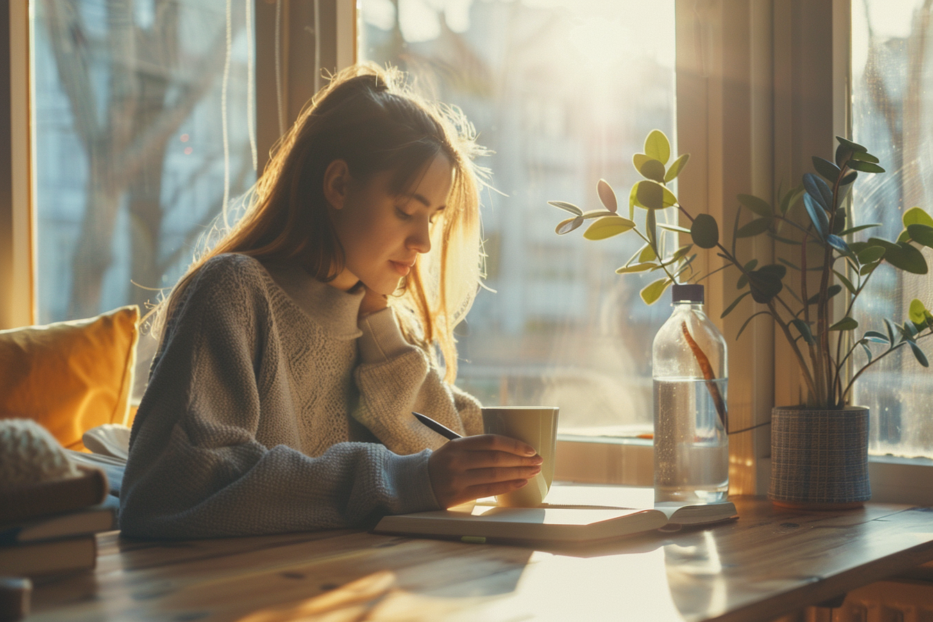 A peaceful morning scene showing a woman journaling and sipping tea at a sunlit table with a water bottle and small plant nearby. The setting feels calm and focused, perfect for habit building.