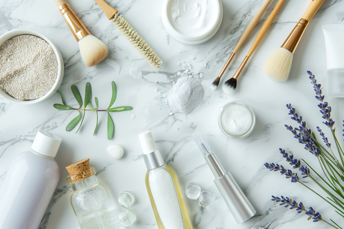 A modern flat lay of eco friendly beauty products in glass jars and refillable containers, surrounded by natural elements like leaves and flowers, reflecting sustainable skincare and conscious beauty choices in 2025.