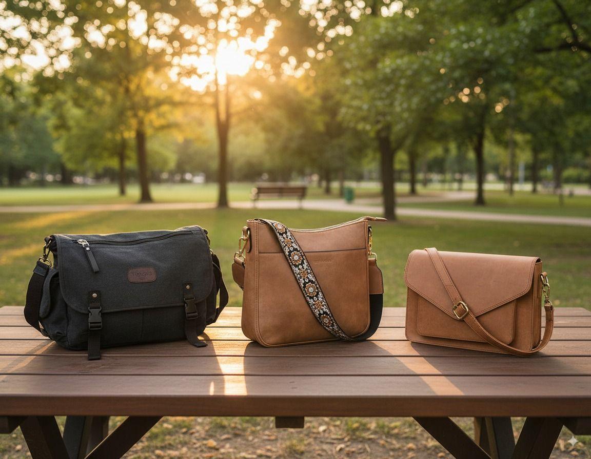 Three minimal crossbody bags—a black canvas bag, a tan leather bag with a patterned strap, and a camel flap bag—displayed on a wooden picnic table in a sunlit park, highlighting stylish, practical, and eco-friendly options trending in 2025.