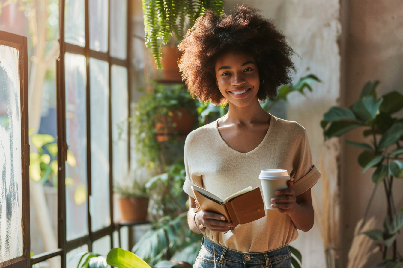 A confident young woman stands in natural light, holding a journal and coffee cup, smiling gently with plants behind her. The image captures calm energy and self assurance.