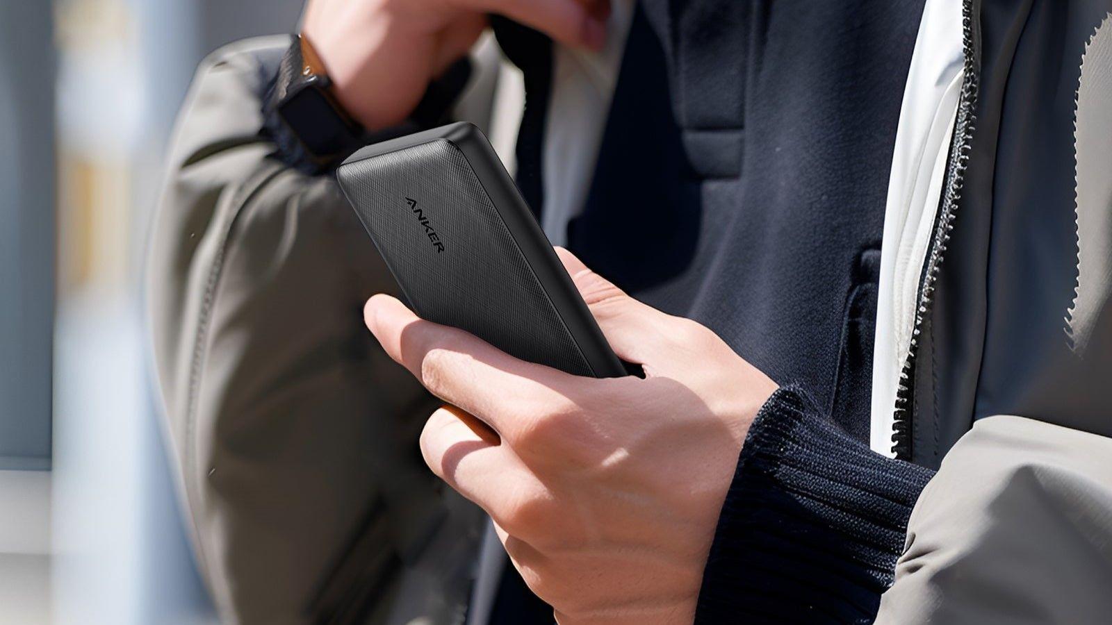 Anker PowerCore Slim 10000mAh portable device charger – slim battery pack for planes with PowerIQ fast charging and USB-C input.