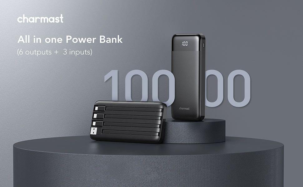 Charmast 10000mAh portable charger with built-in Lightning, USB-C, and Micro-USB cables – TSA-approved power bank for airplane travel.