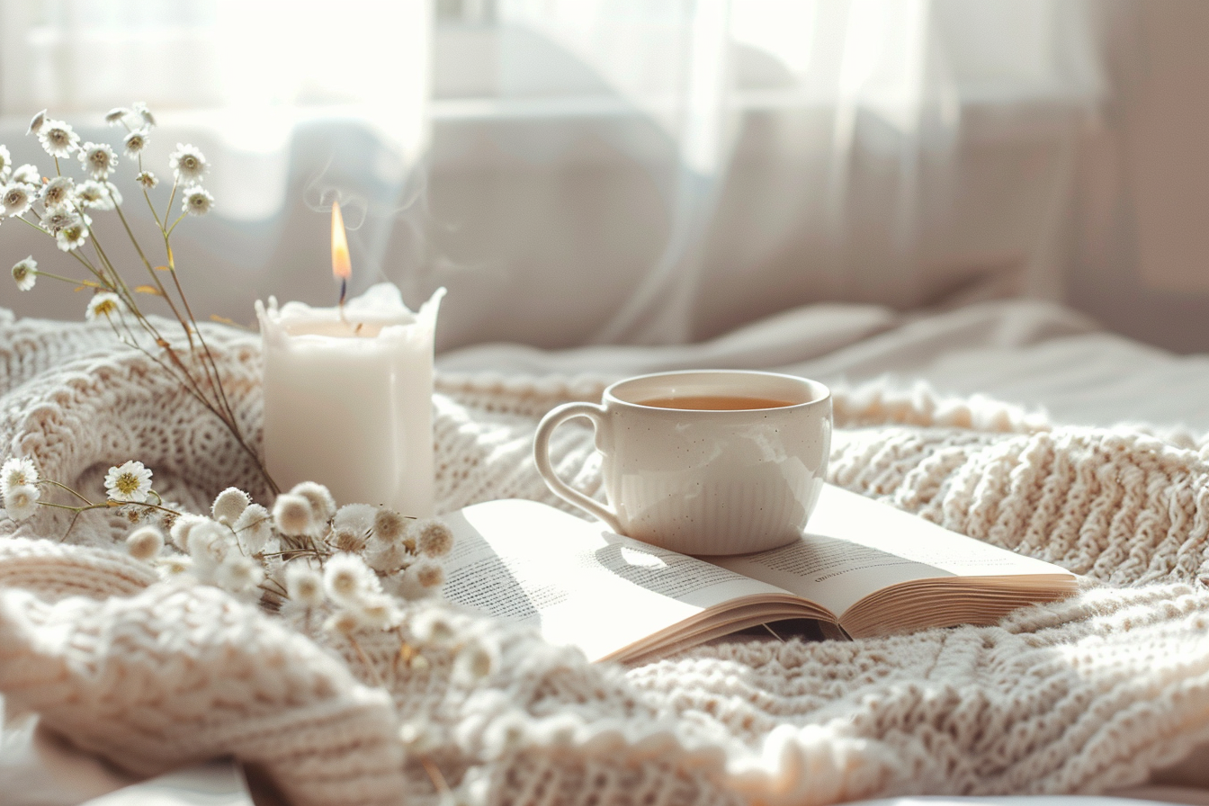 Flatlay of cozy self-care essentials including a cup of tea, open journal, lit candles, and a soft blanket on a neutral background with natural daylight. The scene reflects a calming and affordable self-care routine.