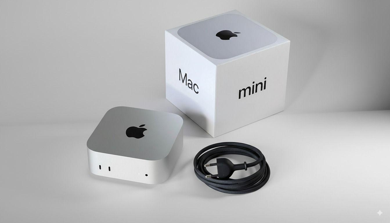Apple Mac mini with M4 chip next to its white box packaging and a coiled black power cable, all placed on a plain light gray surface