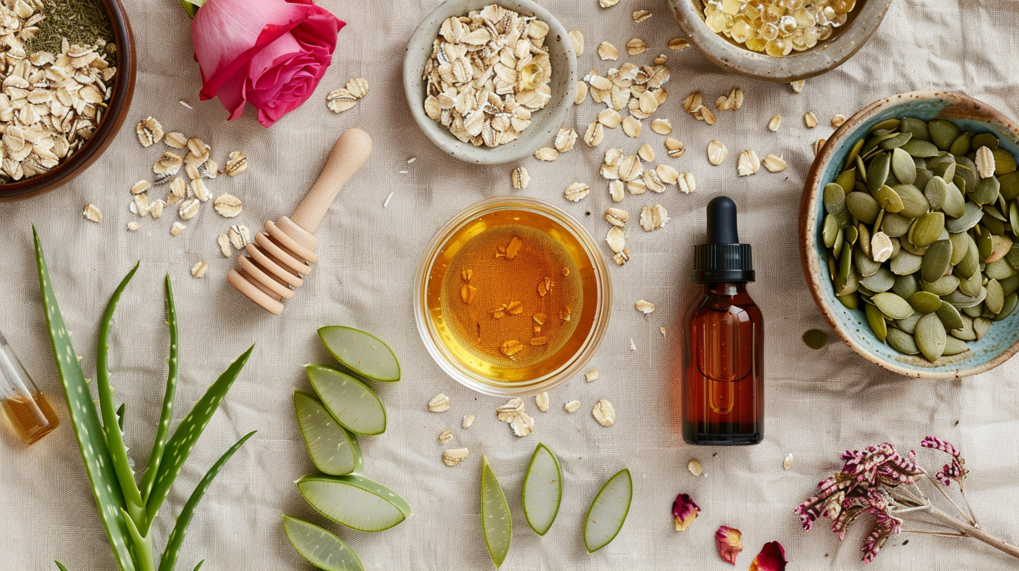 A flat lay of natural skincare ingredients like aloe vera leaves, rosehip oil bottles, honey jars, and chamomile flowers arranged neatly on a neutral background, conveying a clean and botanical skincare vibe for 2025.