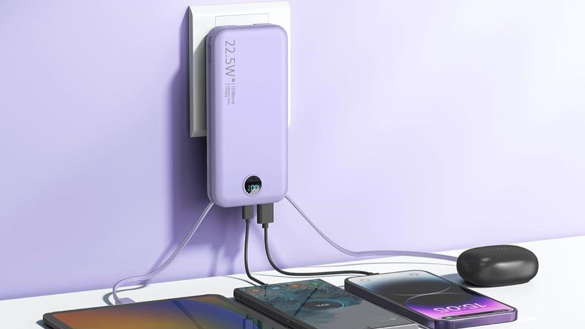 citicr 12000mAh portable charger with built-in AC wall plug and fast charging cables – power bank for airplane travel.