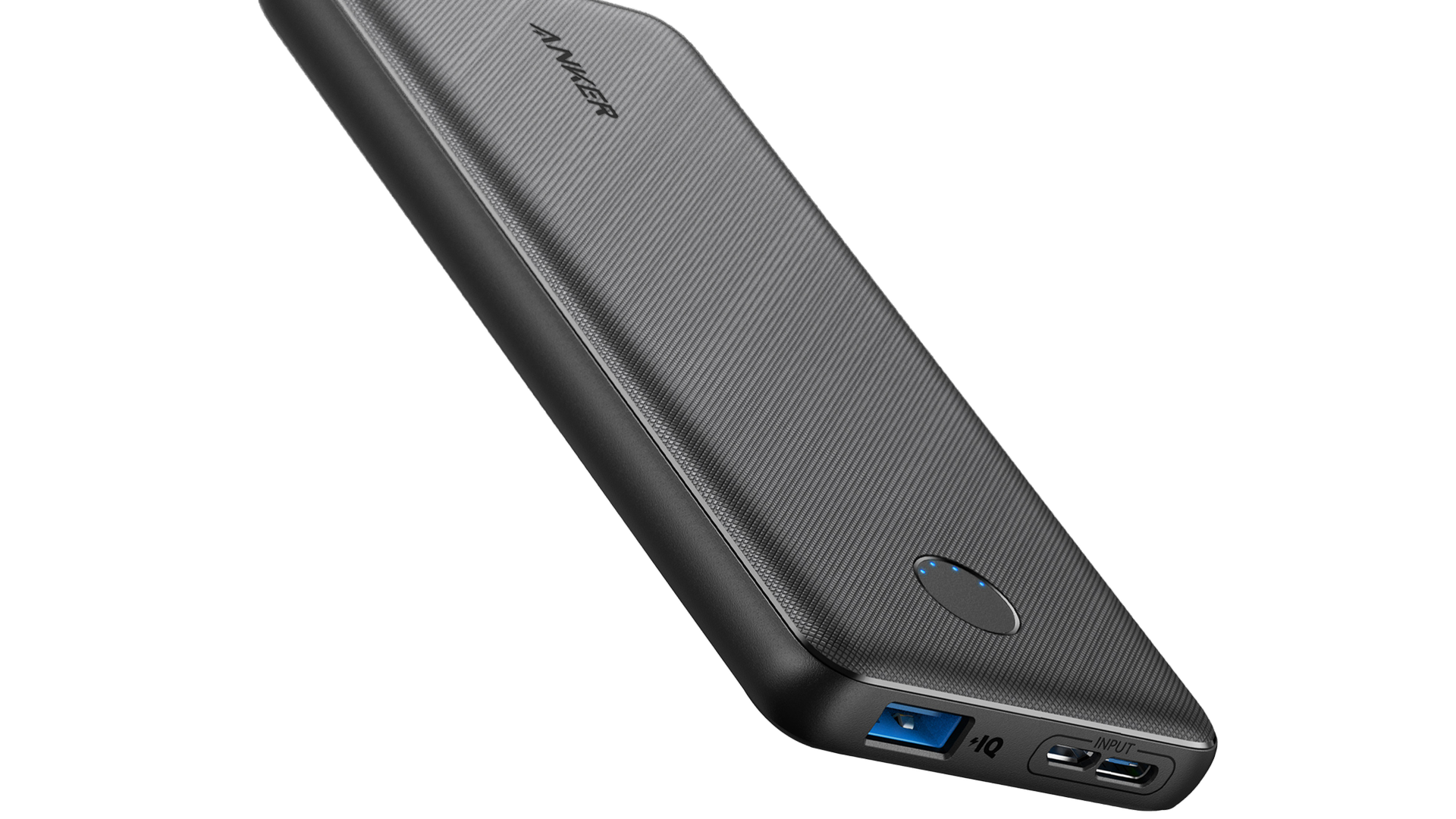 Anker PowerCore Slim 10000 portable charger with slim textured design, USB-A and USB-C ports, and LED battery indicators.