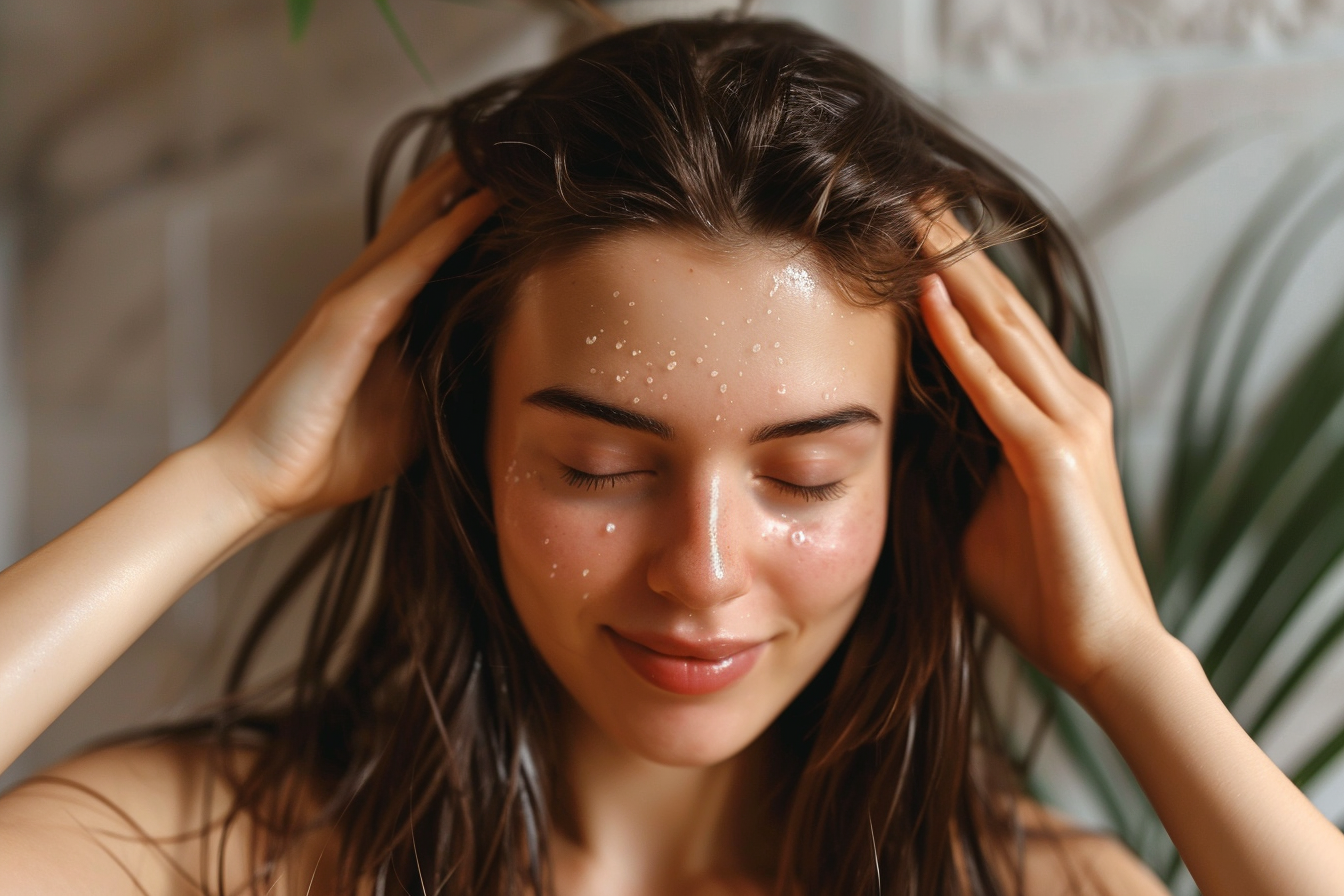 Close-up portrait of a woman with healthy, shiny hair and a clear scalp, representing modern scalp care and wellness-focused hair routines in 2025.