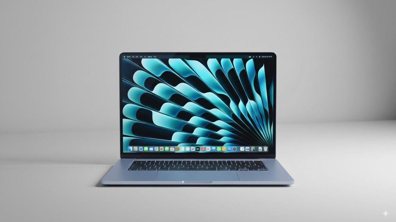 Apple MacBook Air 15-inch with M4 chip, open and facing front, showing a stylized blue and black abstract wallpaper on the screen, placed on a plain light gray surface