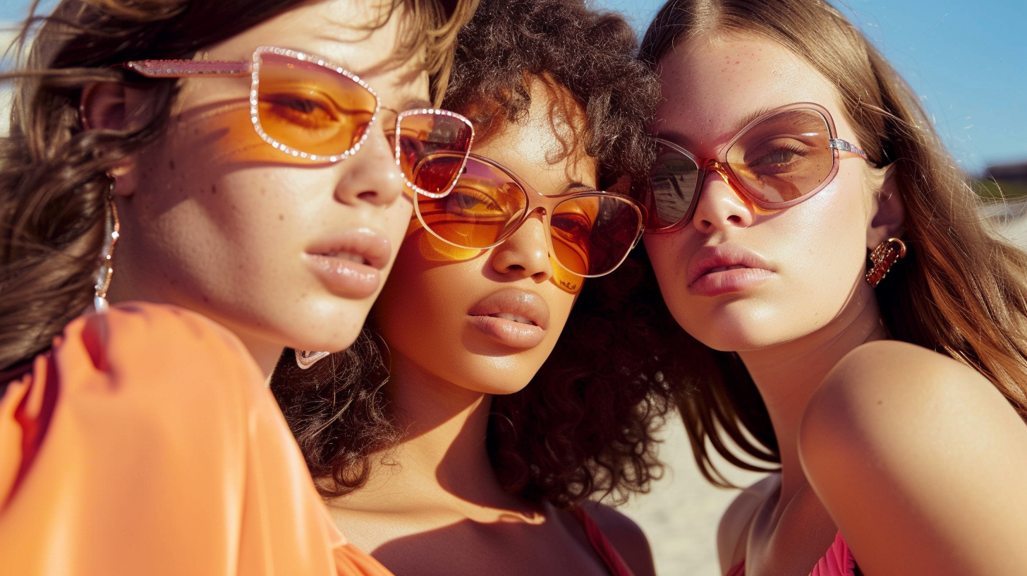 Three stylish women standing outdoors in 2025, each wearing trendy sunglasses including oversized, cat-eye, and sporty shield frames, showcasing summer eyewear that combines fashion and sun protection