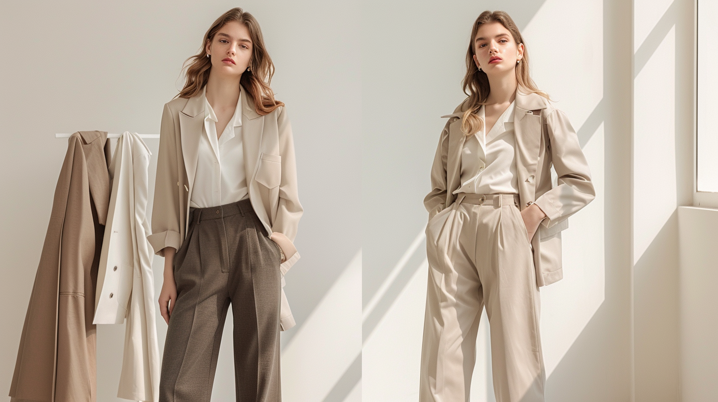 Stylish women and men wearing versatile outfits that transition from work to casual settings, showcasing layered looks, smart accessories, and day-to-night fashion in a modern urban environment