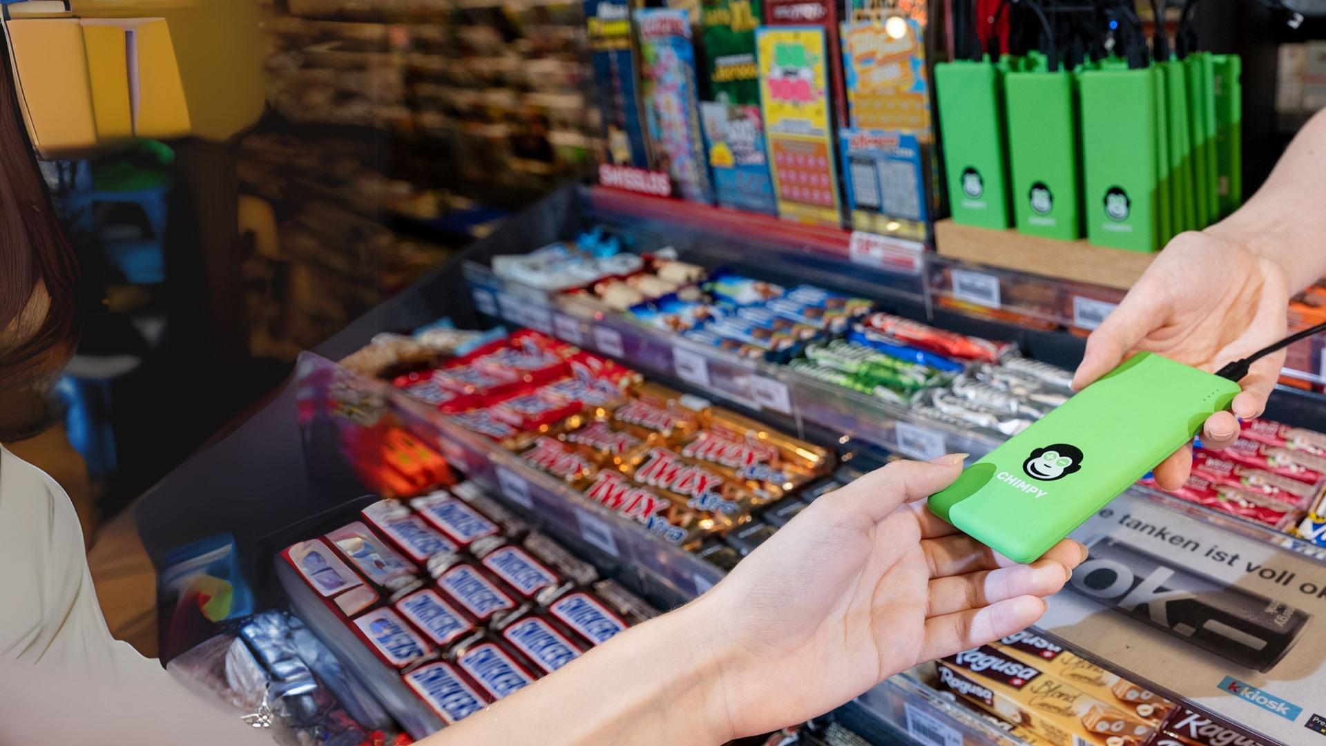 Spykke and Chimpy rental power banks – 5000–6000mAh portable chargers on planes with built-in cables, available at kiosks in India and Europe.