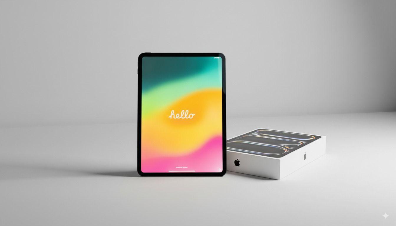 Apple iPad Pro 11-inch tablet with M4 chip standing upright on a grey surface, screen displaying colourful "hello" greeting, with Apple product box beside it.