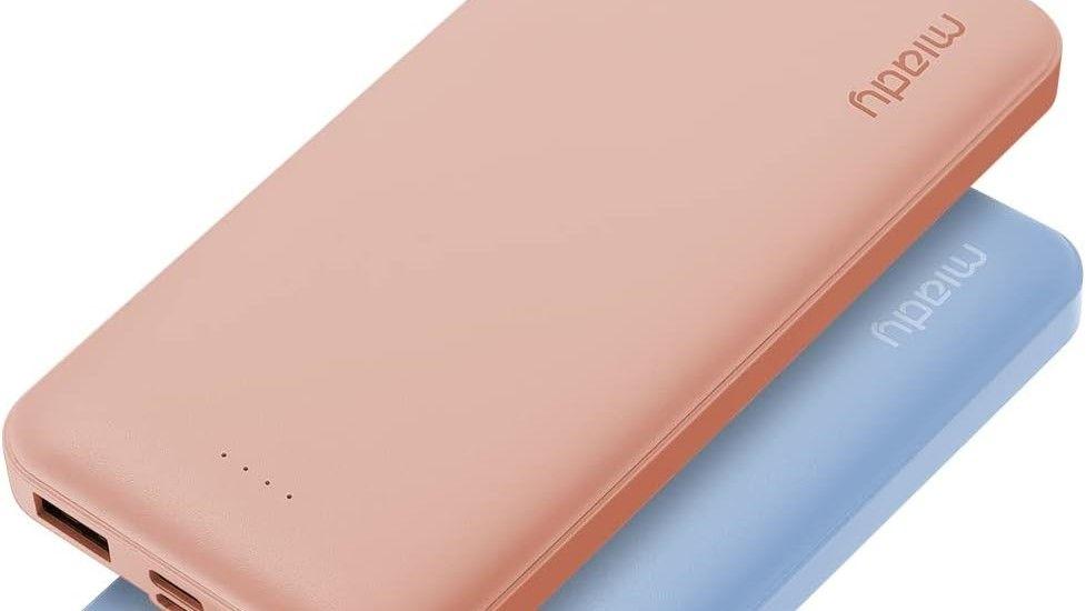 Miady Two Pack 10000mAh portable chargers in pink and blue, slim lightweight design with dual USB ports for shared charging.