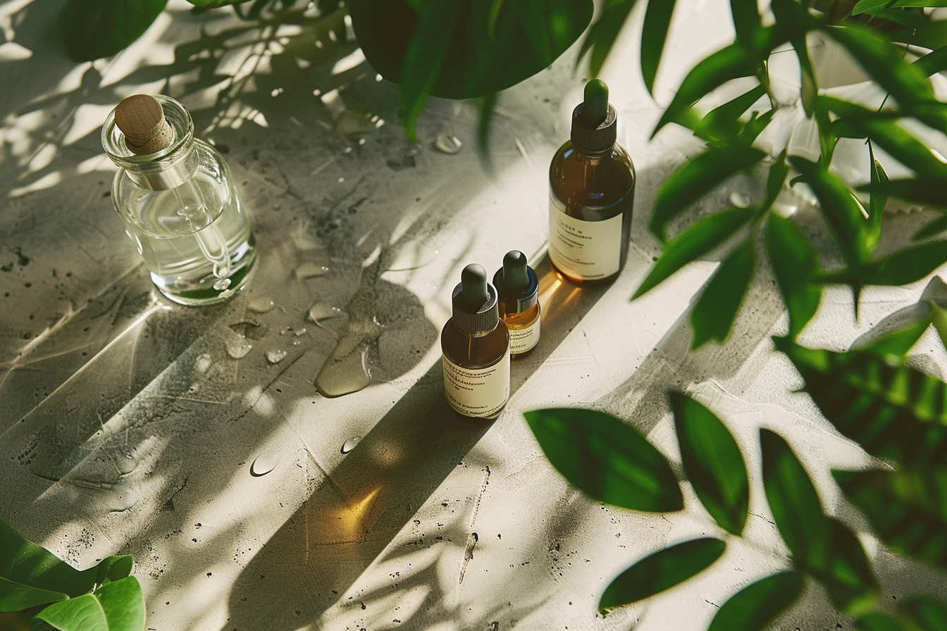 Flat lay of natural skincare products including amber glass bottles, aloe vera leaves, chamomile flowers, and wooden accessories on a neutral background, highlighting a clean and eco conscious beauty routine in 2025