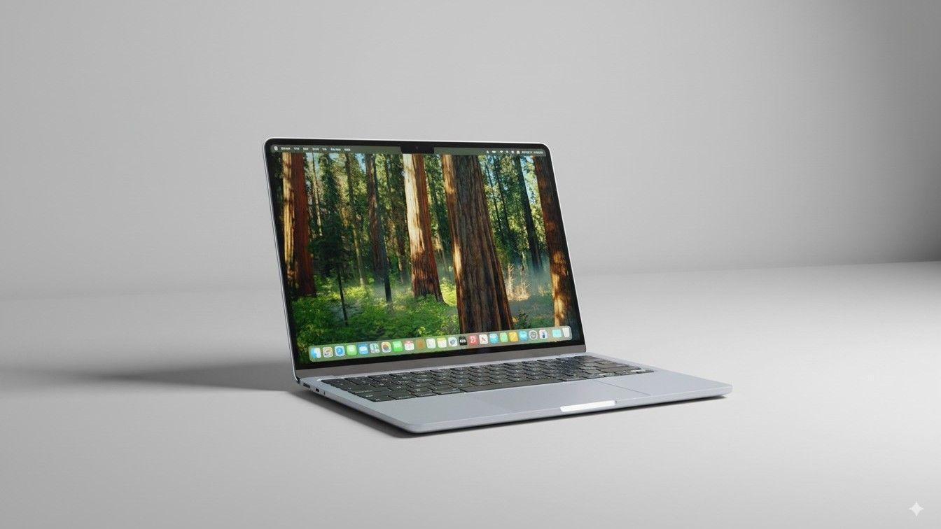 Apple MacBook Air 13-inch with M4 chip, open and displaying a forest wallpaper on its screen, placed on a plain light gray surface
