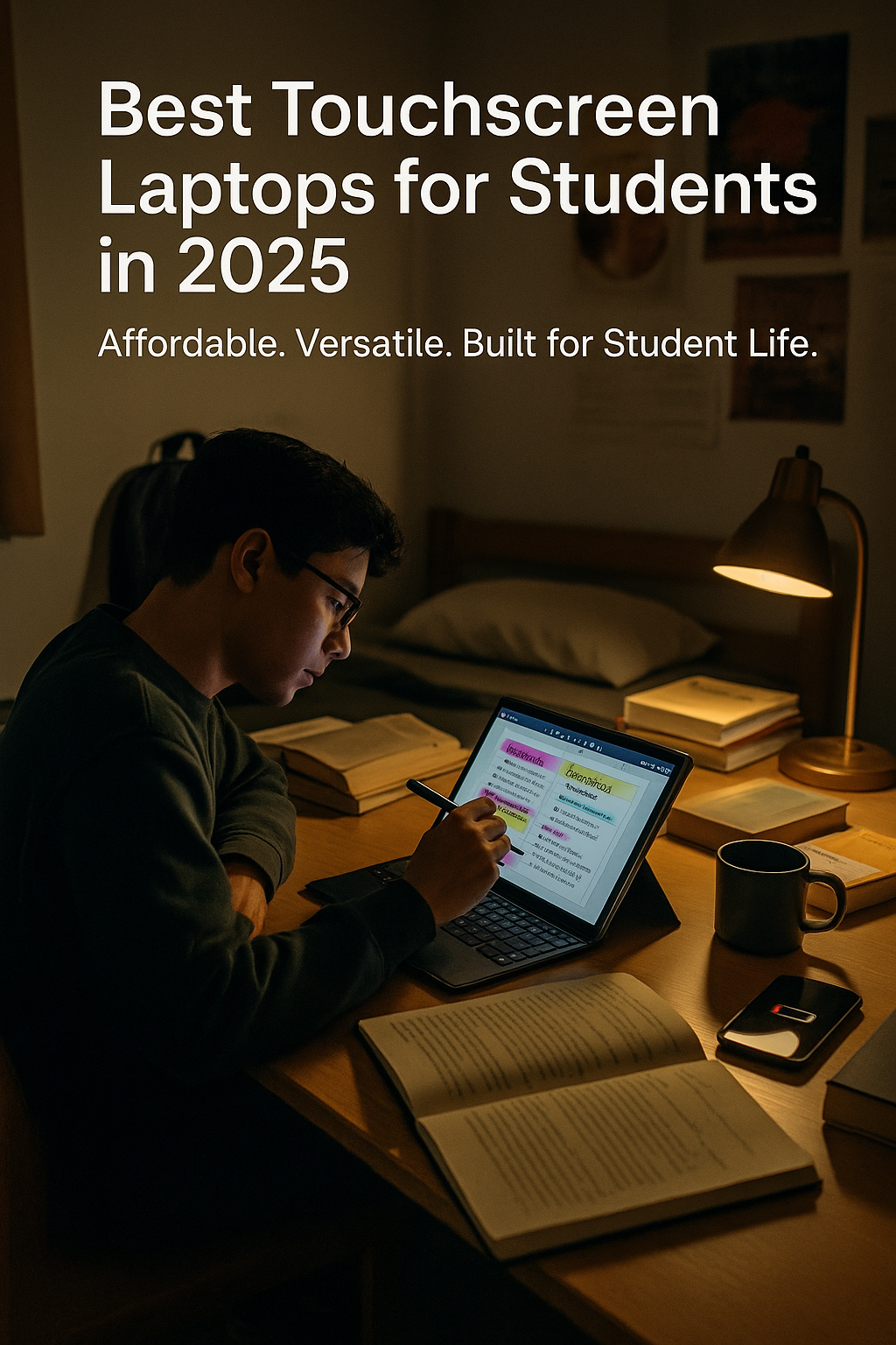 College student using a budget-friendly touchscreen 2-in-1 laptop with stylus in a dorm room, perfect for digital note-taking and student productivity on a budget.