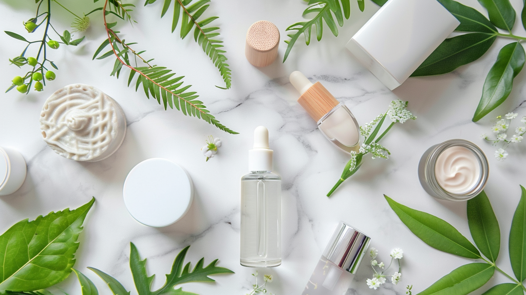 Flat lay of clean beauty products with minimalist packaging, natural textures like stone or wood, and botanical elements such as leaves or flowers, representing sustainability and ingredient transparency in modern skincare