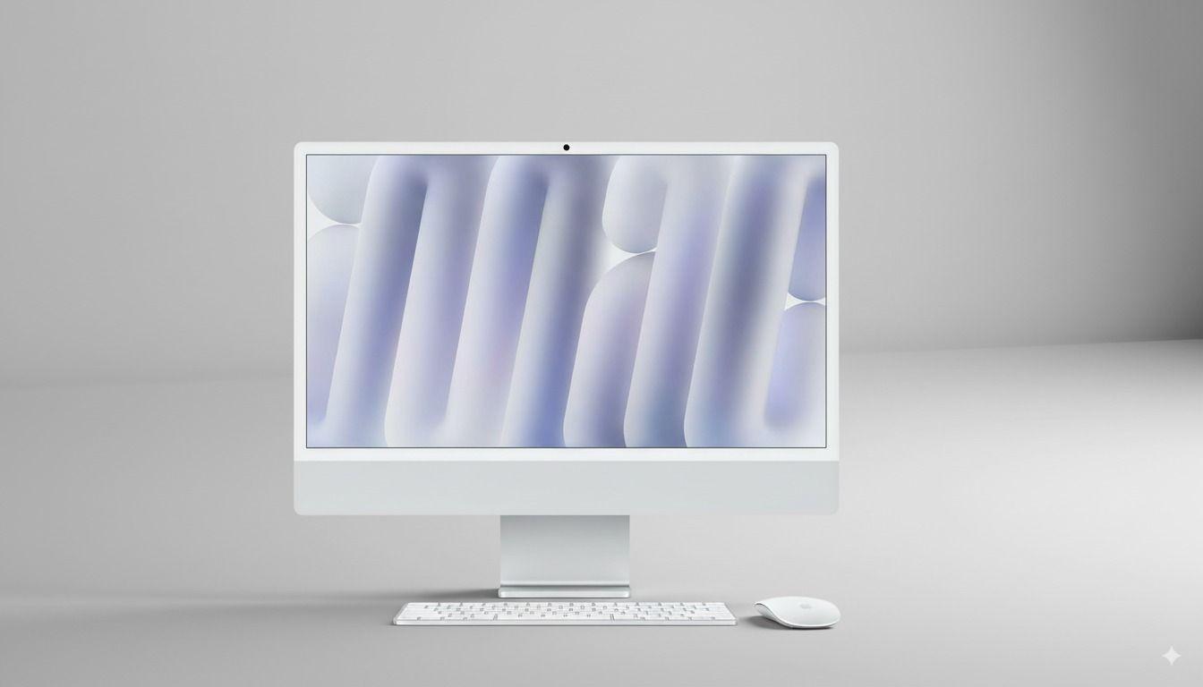 White Apple iMac 24-inch desktop computer with M4 chip, shown with wireless keyboard and mouse on grey background, screen displaying abstract wallpaper.