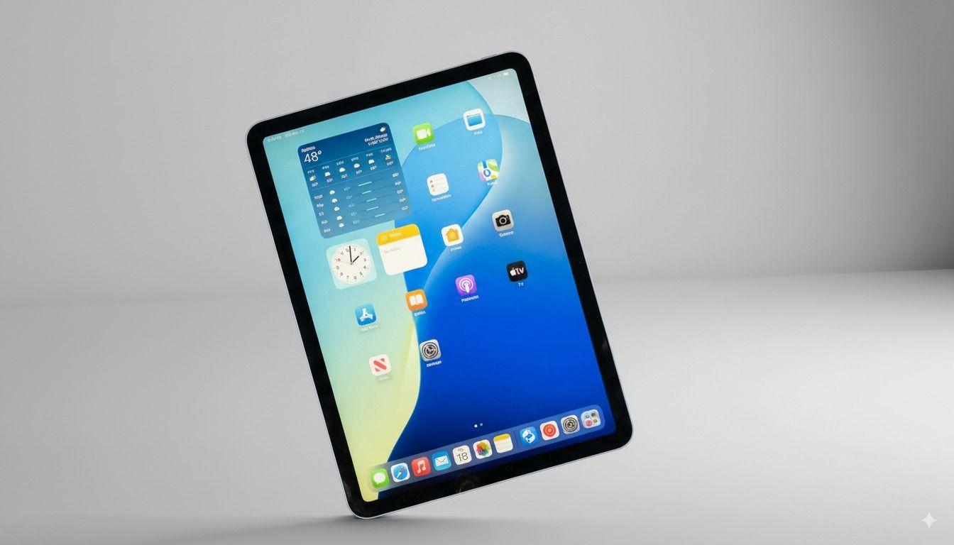 Apple iPad Air 11-inch tablet with M3 chip, black bezel, displaying home screen with app icons and widgets on a blue and yellow gradient background, shown tilted on a grey surface.