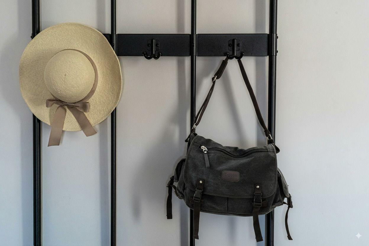 Eco-friendly black canvas crossbody bag hanging on a wall hook beside a straw hat with ribbon.