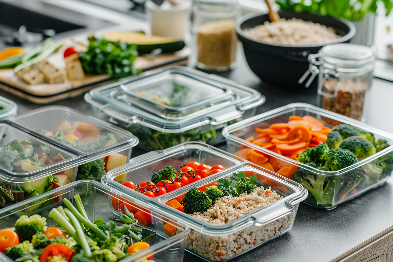 Meal prep containers filled with colorful vegetables, grains, and proteins arranged on a clean kitchen counter. Bright and fresh, with natural lighting showing an organized and healthy food setup.